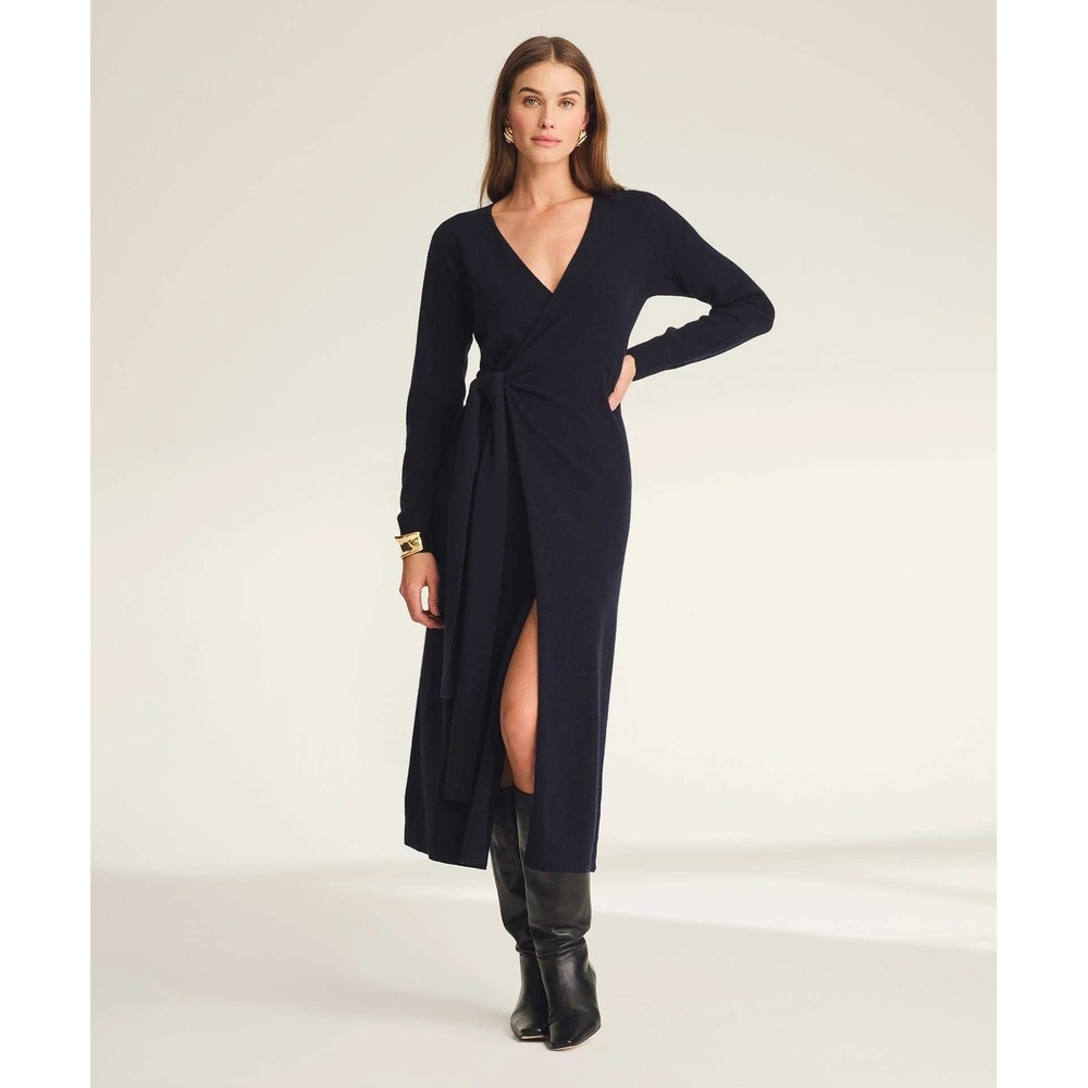 NADAAM Signature 100% Cashmere Wrap Dress Navy Blue Medium Luxury Minimalist